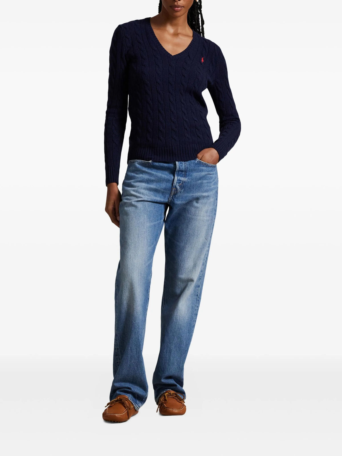 RALPH LAUREN WOMEN Cable-Knit Wool-Cashmere V-Neck Sweater Hunter Navy