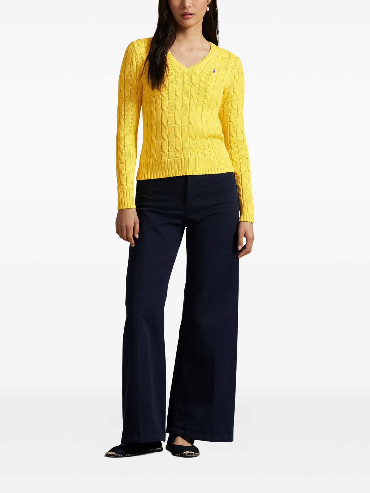 RALPH LAUREN WOMEN Cable-knit Cotton V-neck Sweater Trainer Yellow