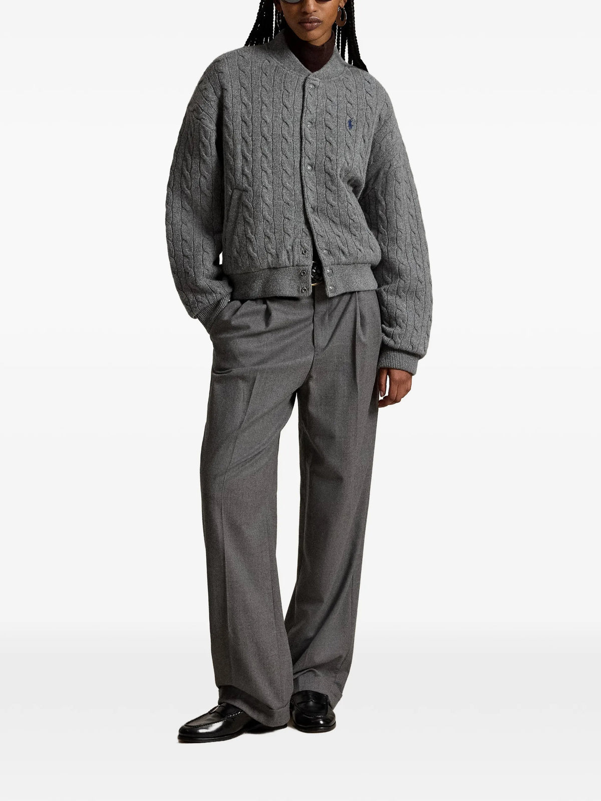 RALPH LAUREN WOMEN Cable-Knit Wool-Cashmere Snapped Jacket Flannel Grey Heather