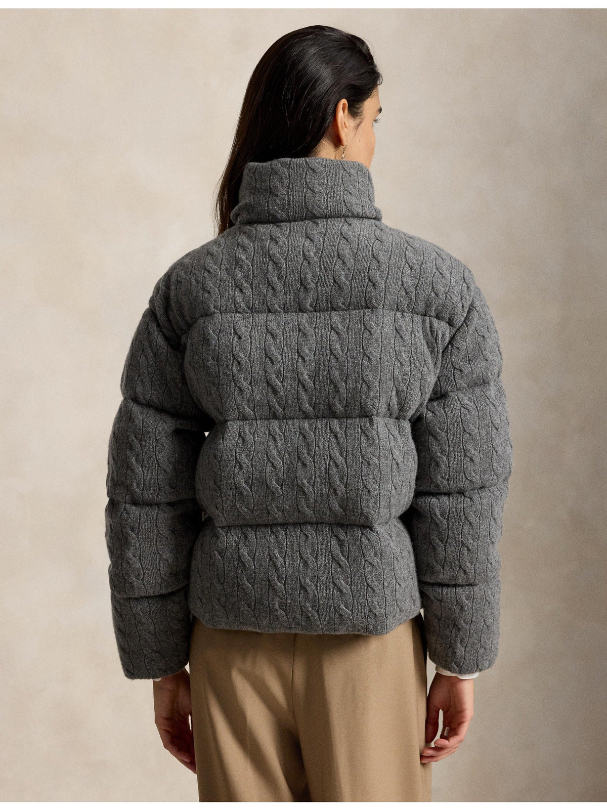 RALPH LAUREN WOMEN Cable Wool-Cashmere Puffer Jacket Flannel Grey Heather