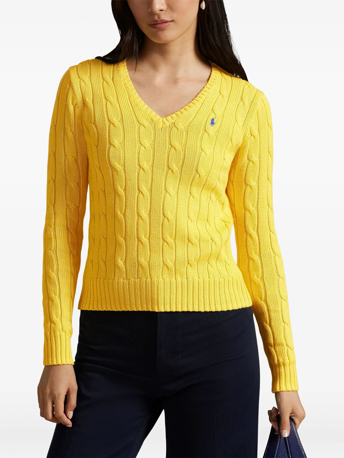 RALPH LAUREN WOMEN Cable-knit Cotton V-neck Sweater Trainer Yellow