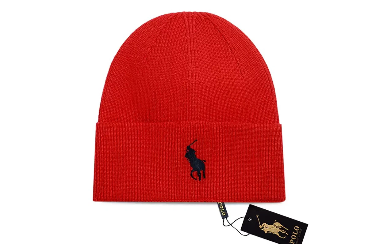 Polo Black Pony Embroidery Ribbed Beanie, Bright Red Warm Winter Skull Hat 55‑59cm