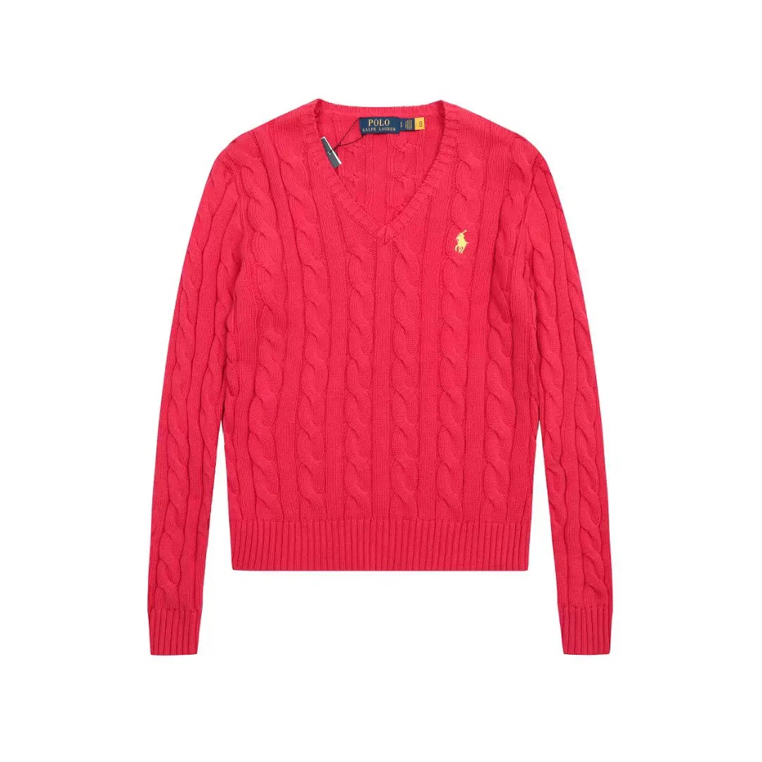 Polo Ralph Lauren Pony Embroidered Cable‑Knit V‑Neck Sweater, Red Women Knit Jumper