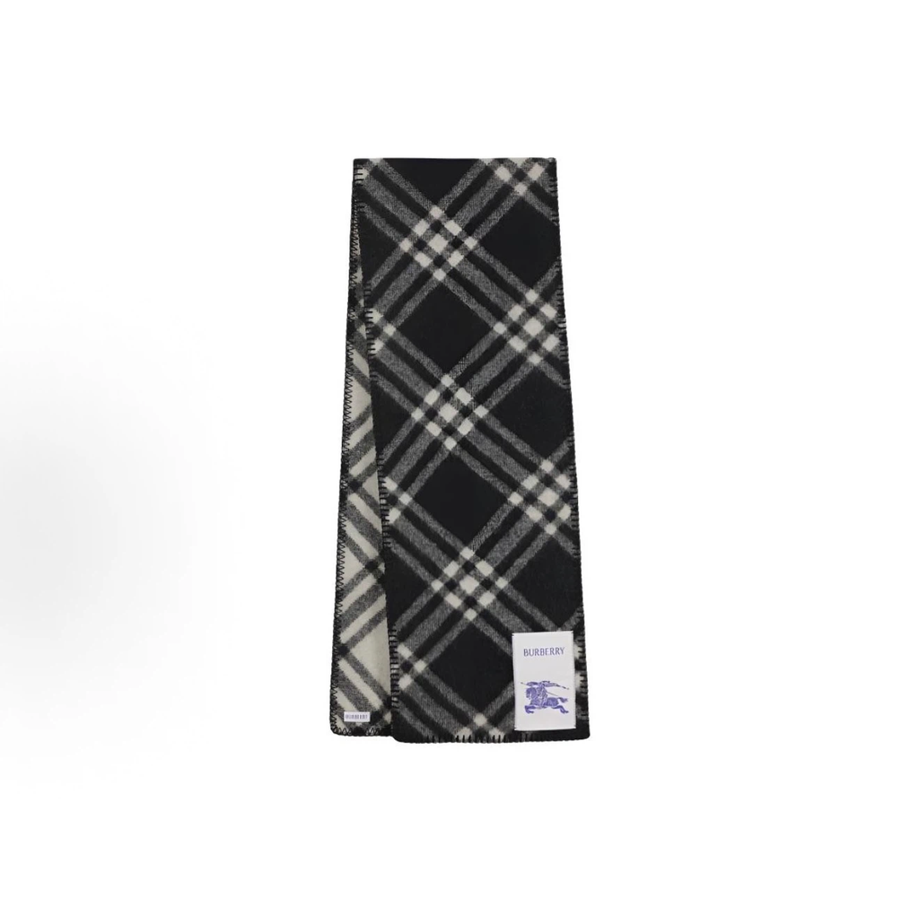 Burberry Men Wool Knit Scarf, Check Plaid Pattern, Black/White