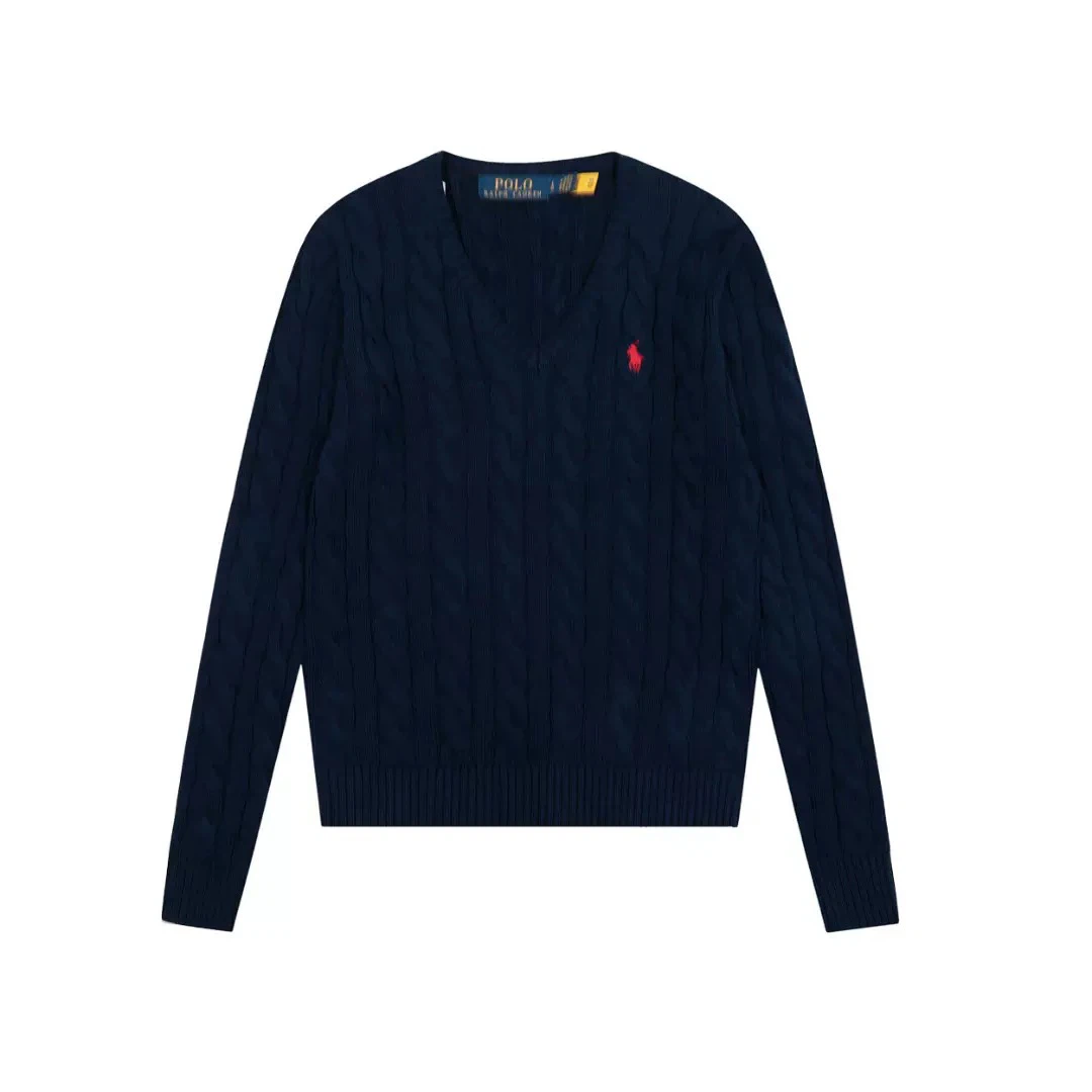 Polo Ralph Lauren Red Pony Logo Cable‑Knit V‑Neck Sweater, Dark Navy Women Knit Top