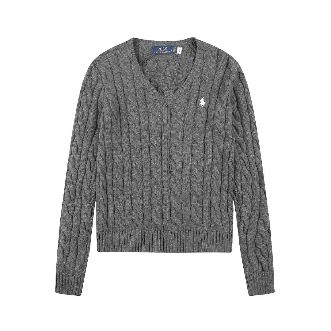 Polo Ralph Lauren White Pony Embroidered Cable‑Knit V‑Neck Sweater, Dark Grey Women Knit Jumper