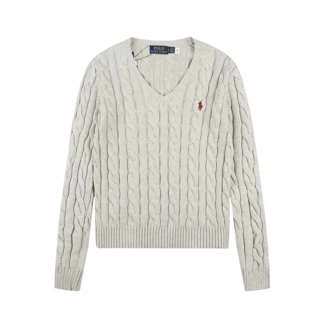 Polo Ralph Lauren Red Pony Logo Cable‑Knit V‑Neck Sweater, Off‑White Heather Women Jumper