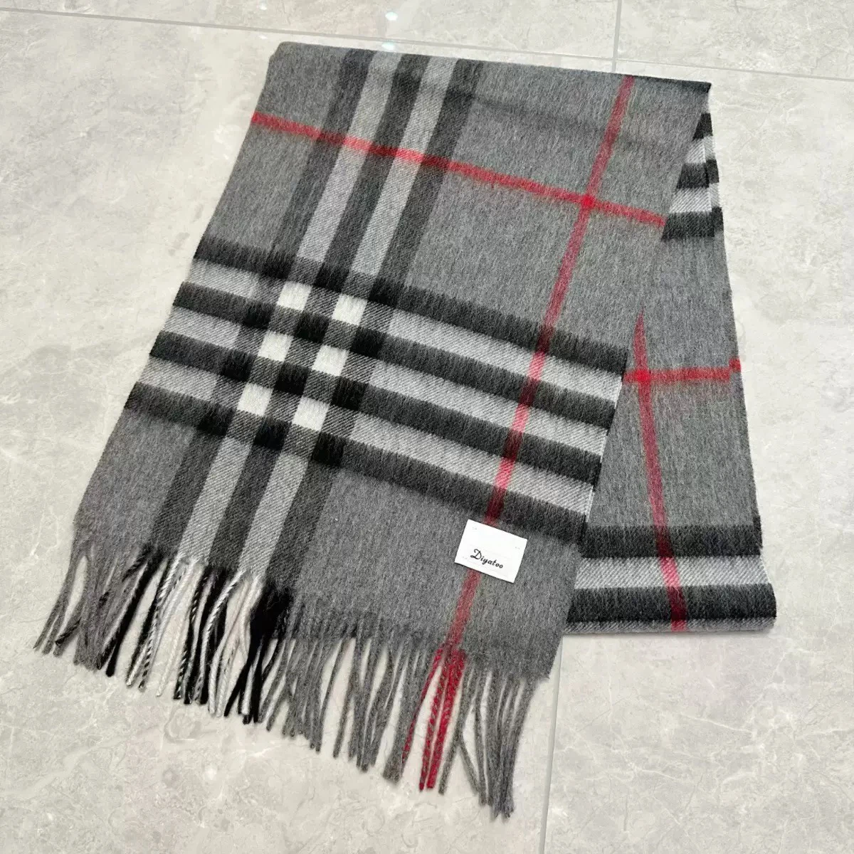 Diyabao Wool Scarf, Check Plaid Tassel, Grey