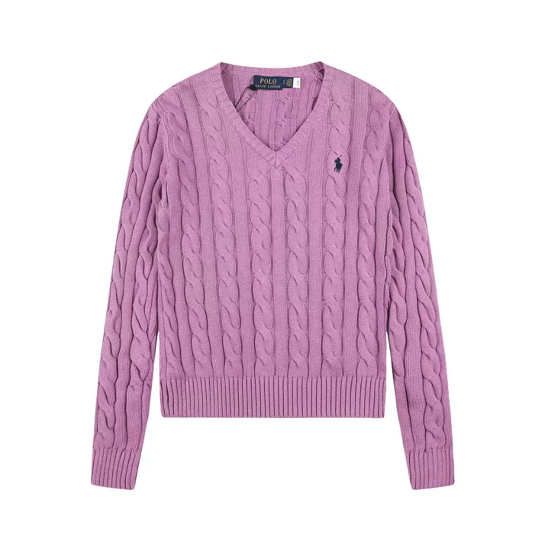 Polo Ralph Lauren Navy Pony Logo Cable‑Knit V‑Neck Sweater, Lavender Women Knit Jumper