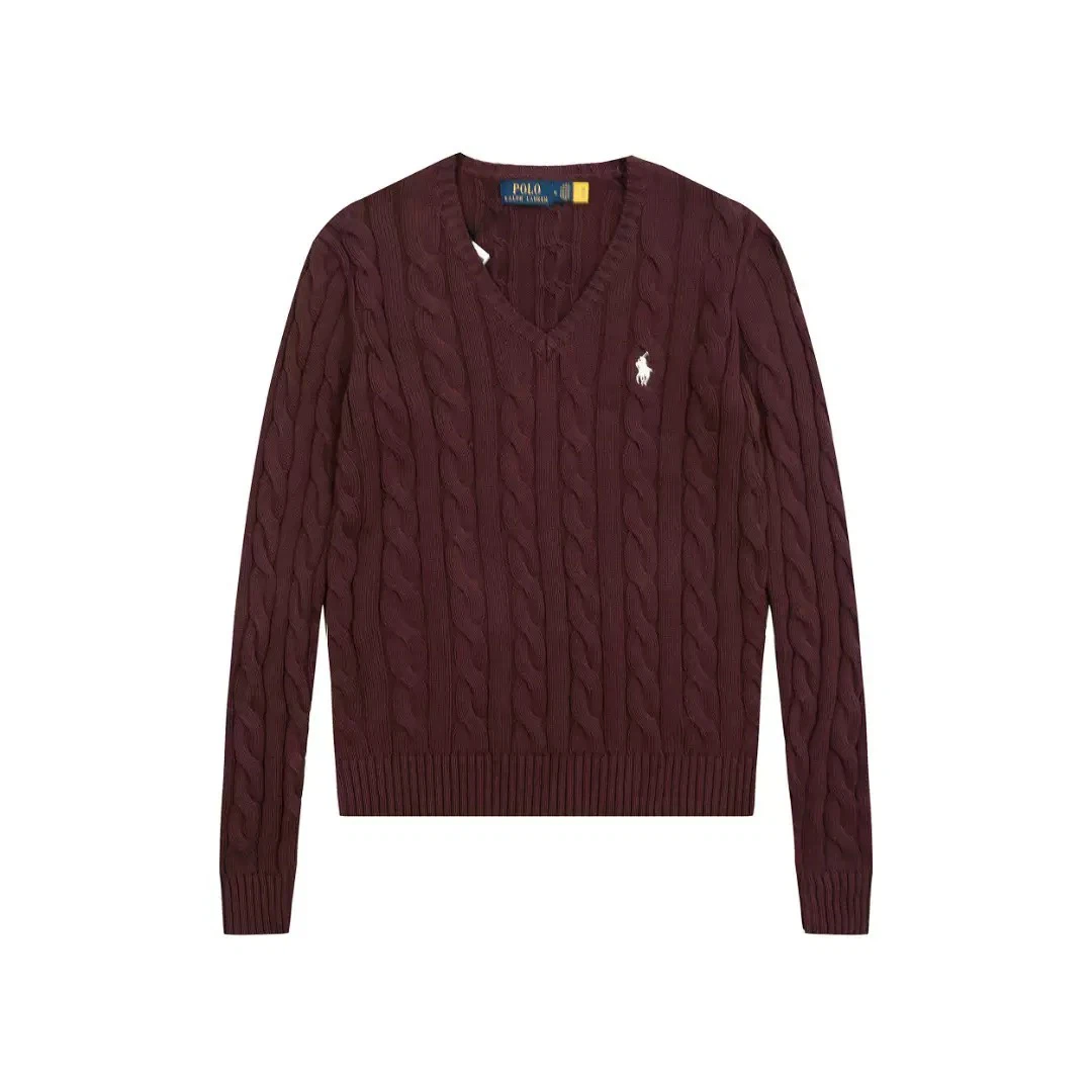 Polo Ralph Lauren White Pony Logo Cable‑Knit V‑Neck Sweater, Burgundy Women Knit Top