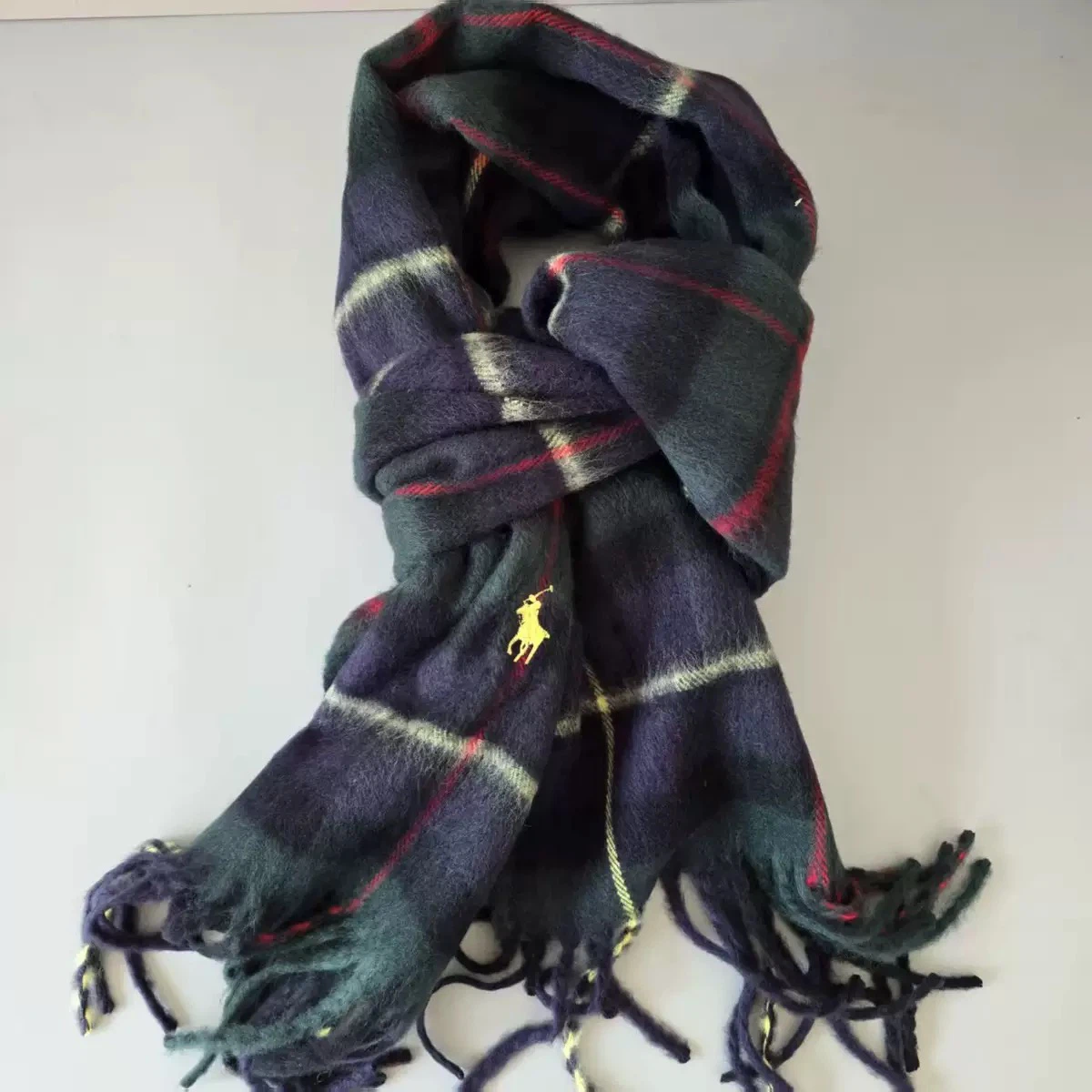 Polo Ralph Lauren Tartan Plaid Pony Embroidered Tassel Scarf