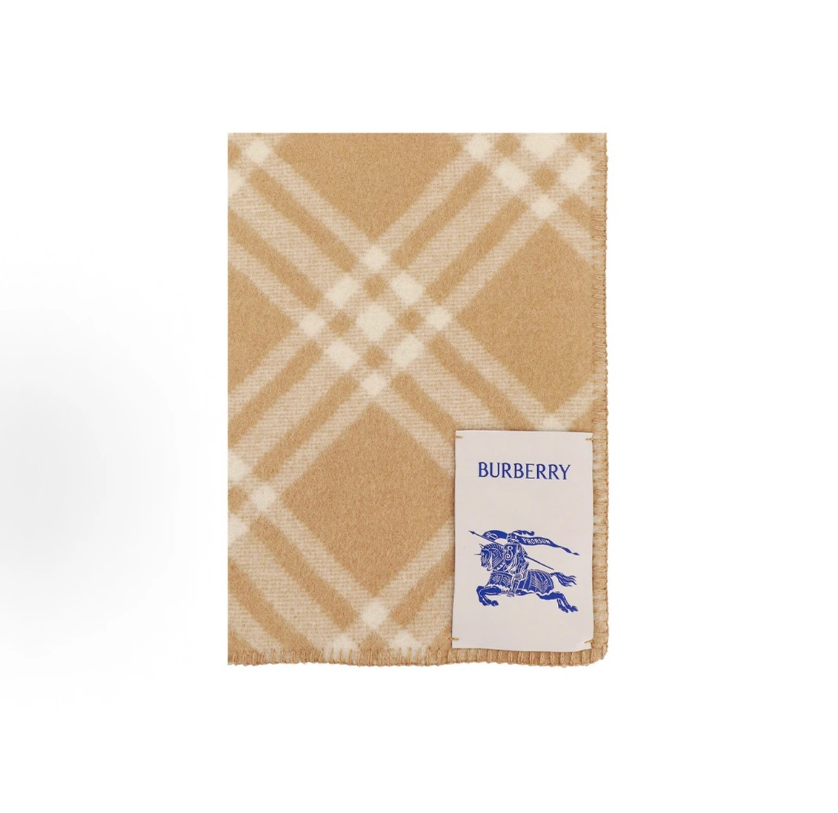 Burberry Unisex Wool Knit Scarf, Equestrian Knight Logo, Blanket‑Stitched Edge, Beige