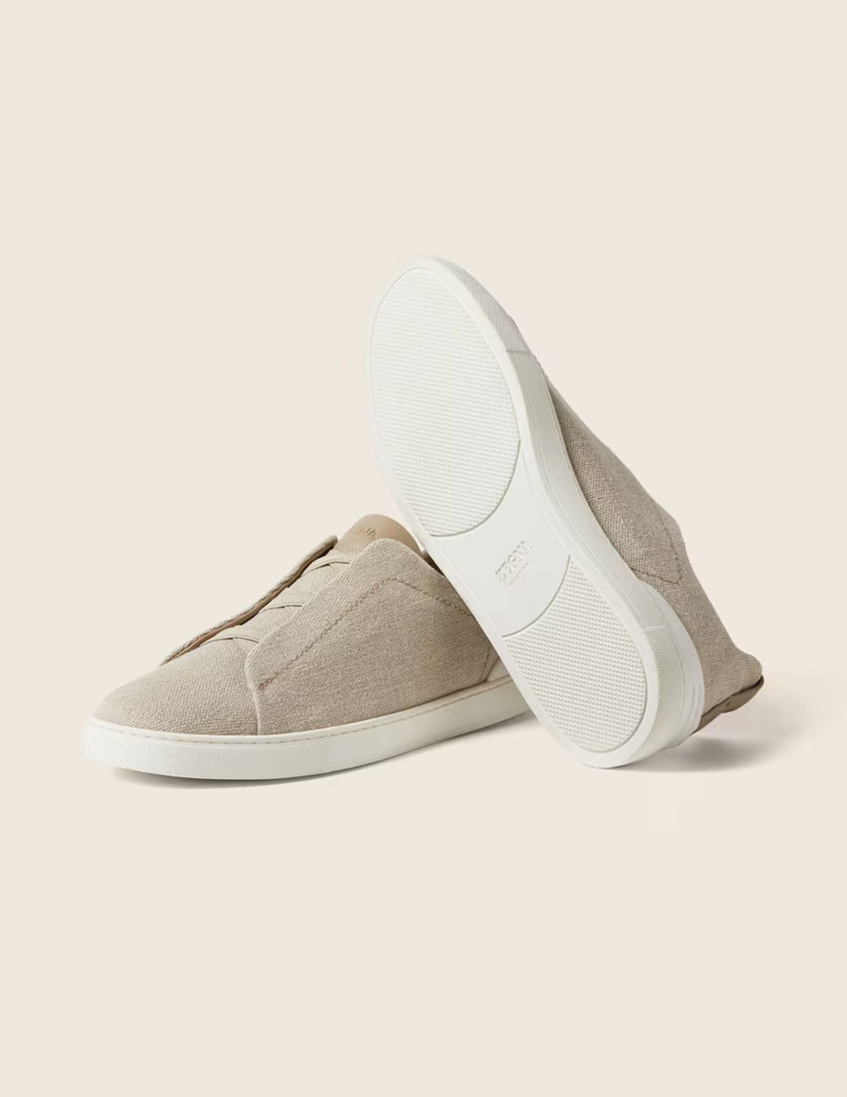 Cotton Linen & Leather Triple Stitch Sneakers | Light Beige